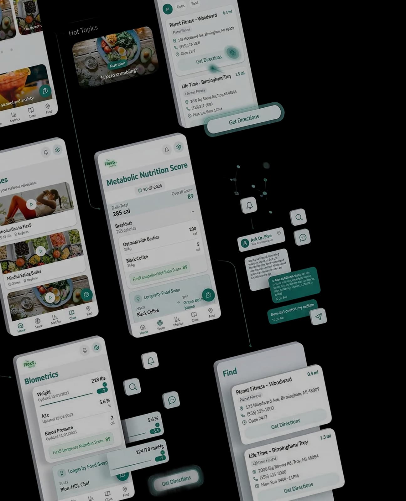 Flex5 mobile screens: a metabolic nutrition score with a logged breakfast, a biometrics panel tracking weight, A1c and blood pressure, a class library, a gym finder, and the Ask Dr. Five assistant mid-conversation.