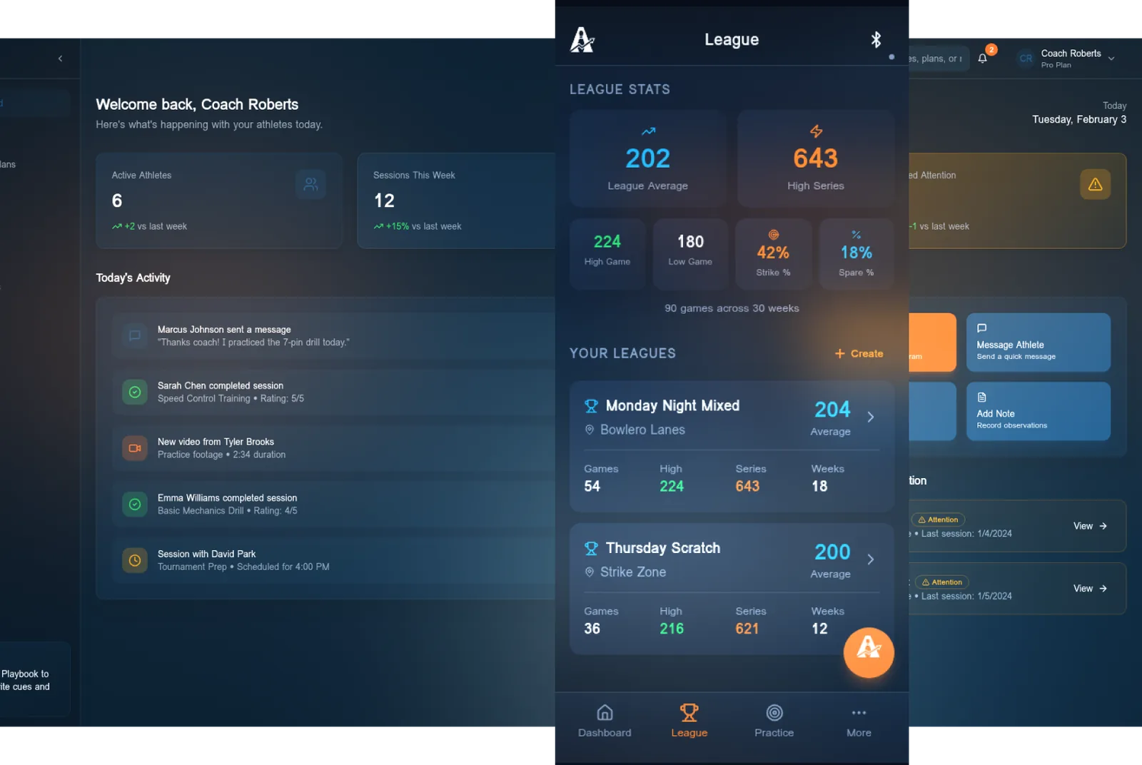 The Alley Analytix coach dashboard with today's athlete activity, completed sessions and practice footage, beside the player's league view showing league average, high series, strike and spare percentages.