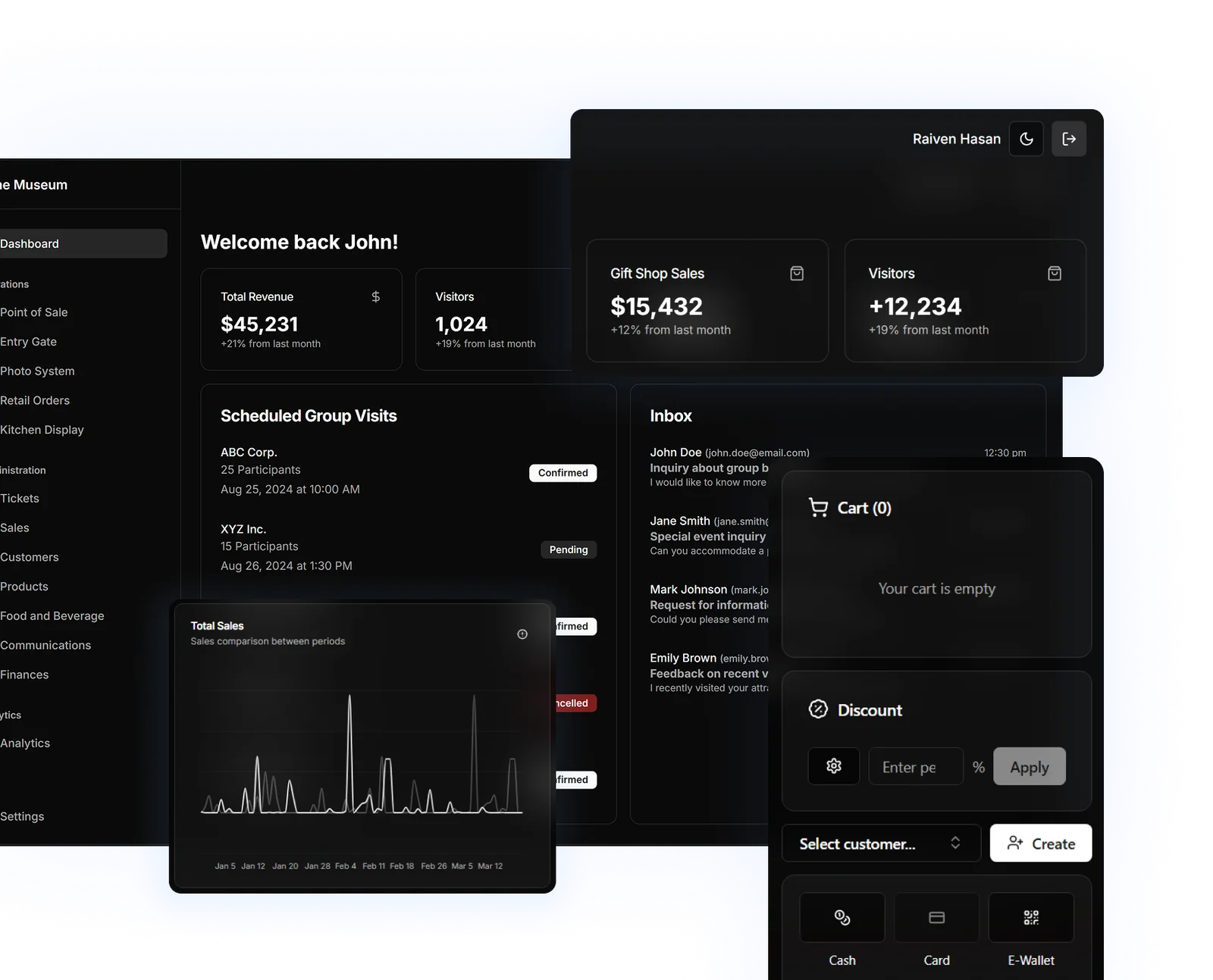A venue operations console: revenue and visitor totals, scheduled group visits with confirmed and pending states, a visitor enquiry inbox, and a point-of-sale cart offering cash, card and e-wallet payment.