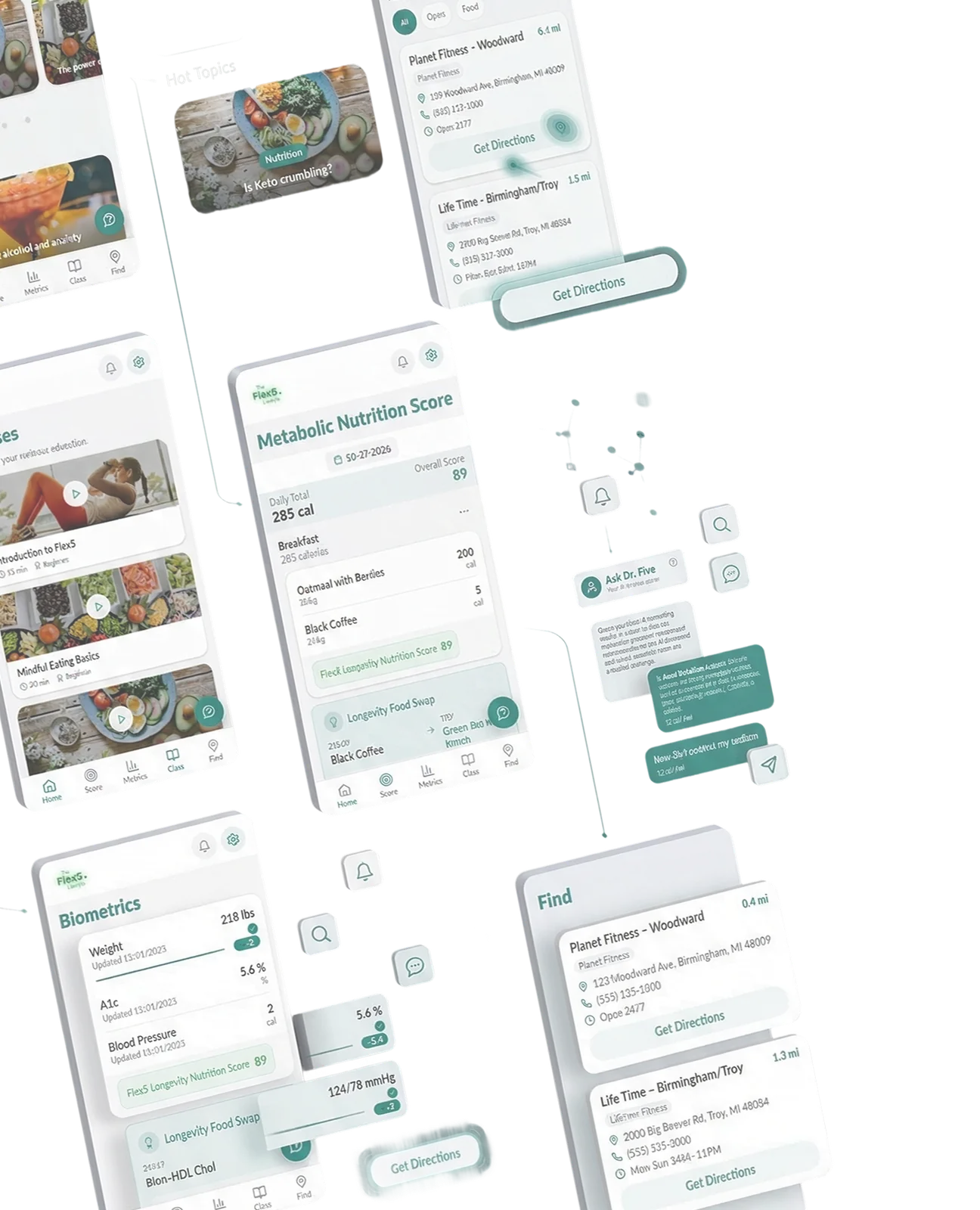 Flex5 mobile screens: a metabolic nutrition score with a logged breakfast, a biometrics panel tracking weight, A1c and blood pressure, a class library, a gym finder, and the Ask Dr. Five assistant mid-conversation.